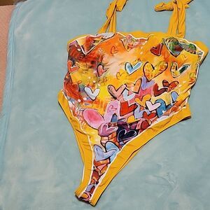 Shein Graffiti Multi Color one-piece bathing suit w matching wrap size 4xl NWOT
